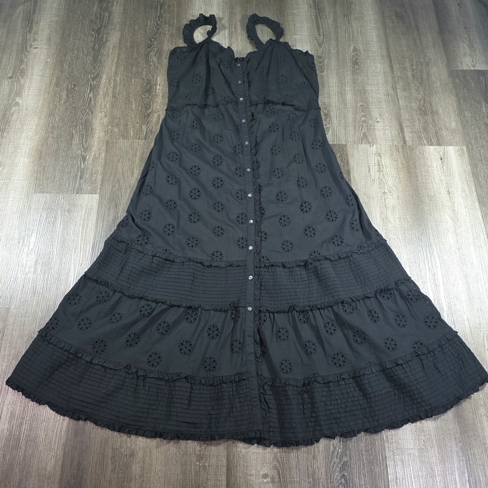 Gap Black Eyelet Midi Dress XL Ruffle Tiered Button Front Sleeveless Cottagecore